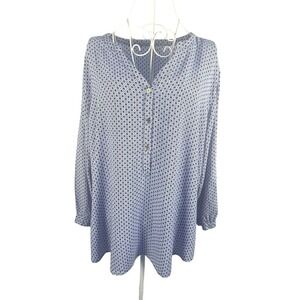 Grand & Greene Blouse Women's 1X‎ Blue Geometric Print Long Sleeve V-Neck